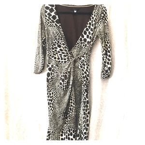 Cream and brown print faux wrap long sleeved dress